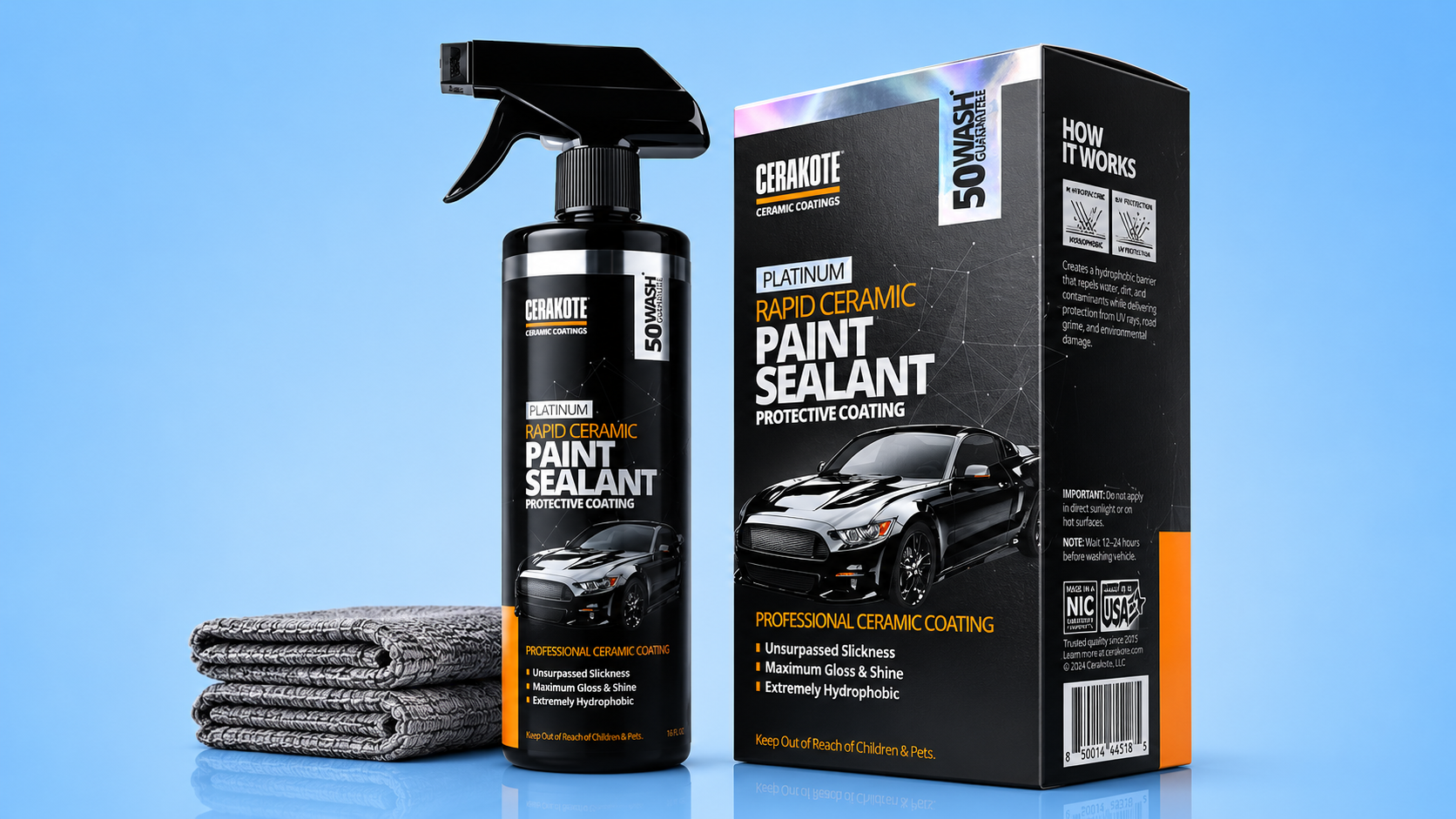 Cerakote Rapid Ceramic Paint Sealant bottle and box next to microfiber towels.