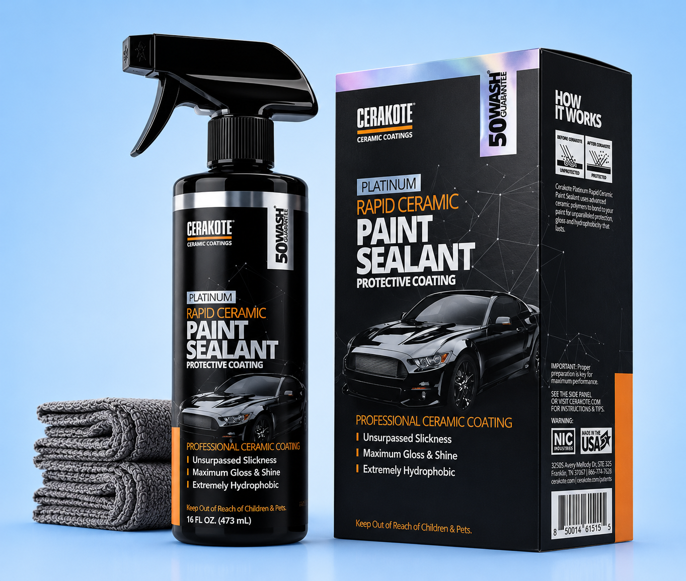 Cerakote Platinum Rapid Ceramic Paint Sealant spray bottle and retail packaging box alongside folded gray microfiber towels on a blue background.