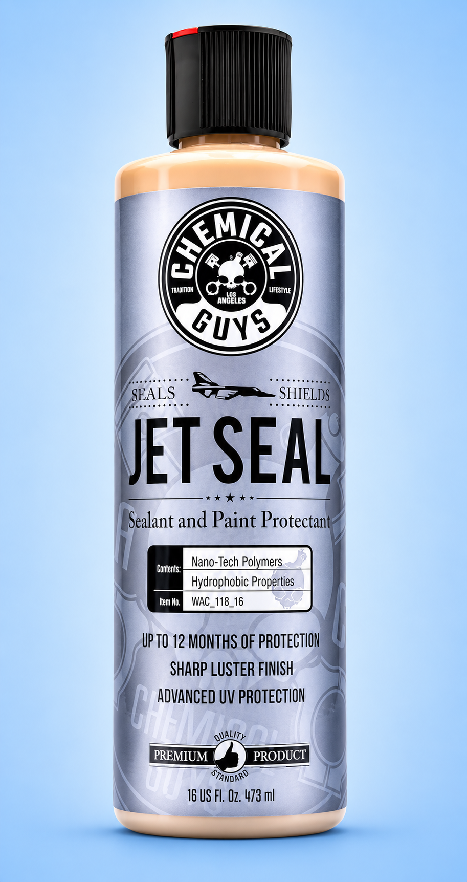 Bottle of Chemical Guys Jet Seal paint protectant on a blue background.