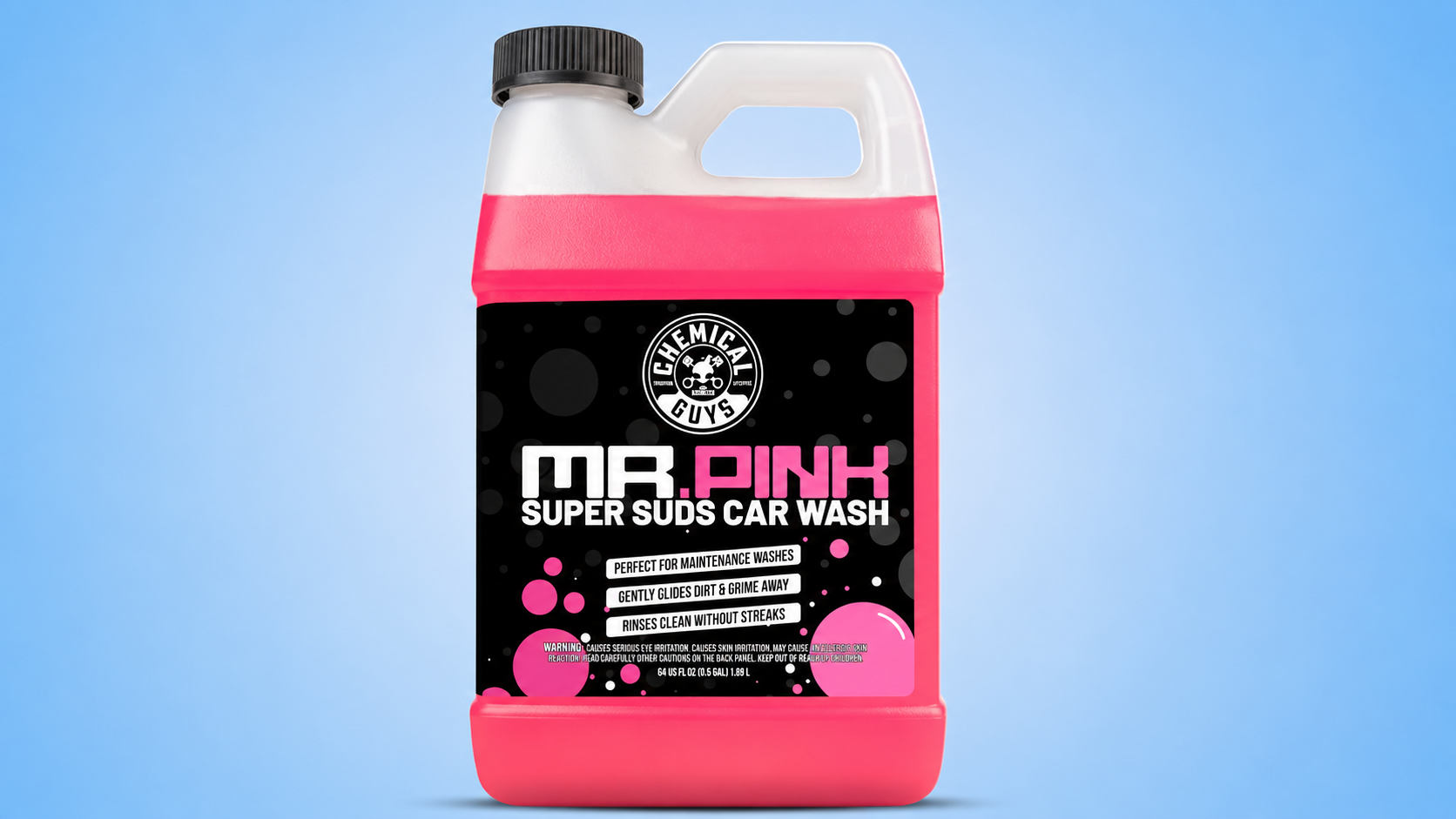 A pink jug of Chemical Guys Mr. Pink Super Suds car wash soap on a blue background.