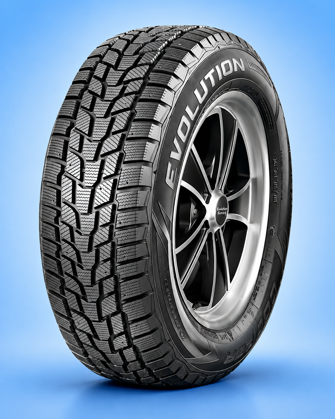 Cooper Evolution winter tire mounted on a rim over a blue background.