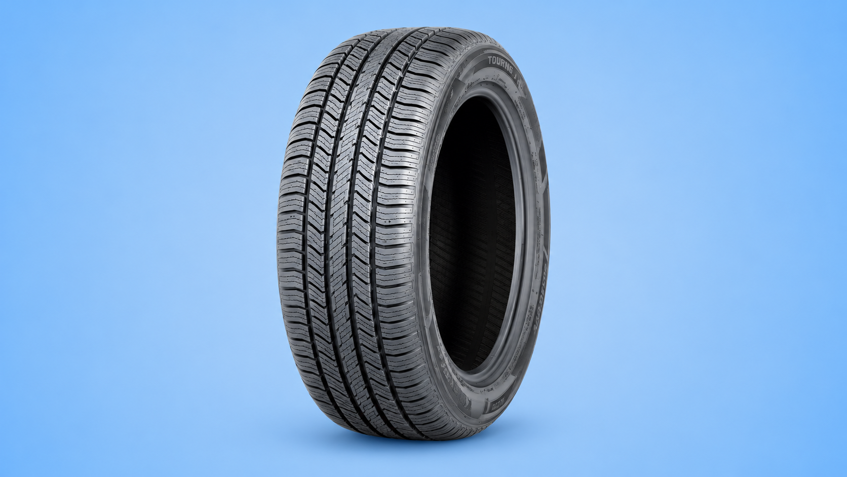 A Crossmax Touring all-season car tire showing its tread pattern against a blue background.