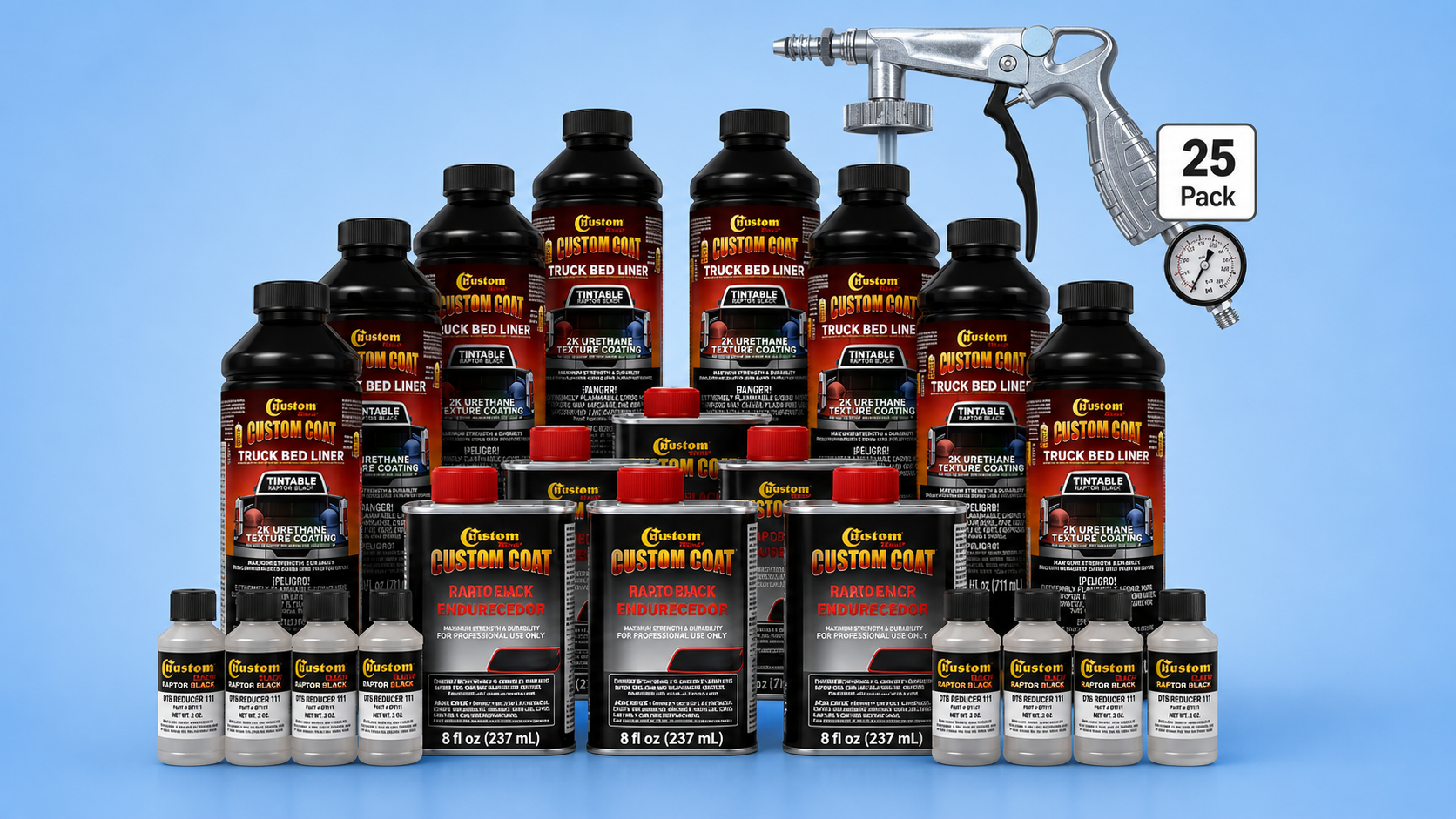 A bulk Custom Coat truck bed liner kit featuring multiple bottles of 2K urethane texture coating, hardeners, reducers, and an application spray gun.