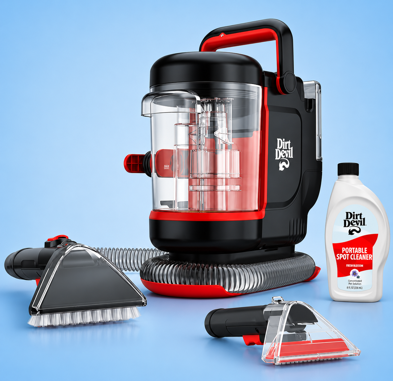 Dirt Devil portable spot cleaner with a solution bottle and hand tool attachments.