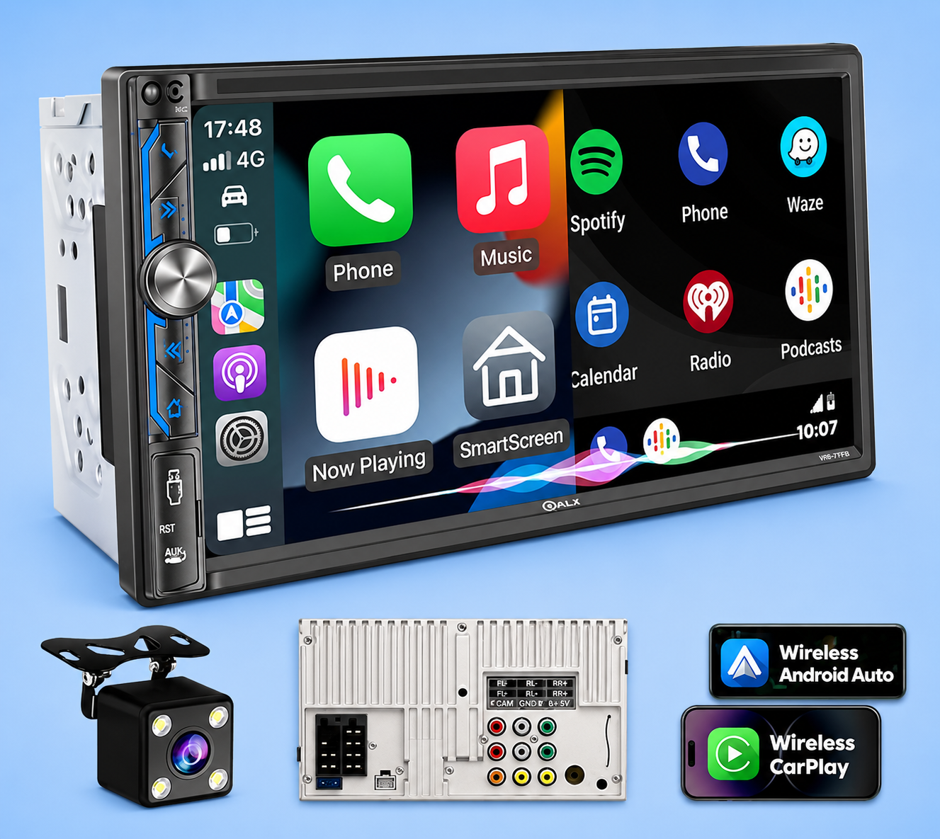A double-DIN touchscreen car stereo display with a backup camera, rear view panel, and wireless CarPlay capability.