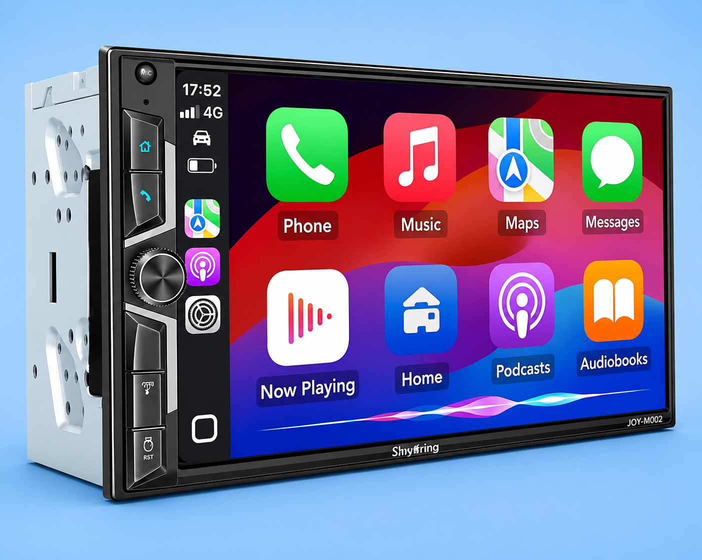 A double-DIN touchscreen car stereo display showing a CarPlay interface on a blue background.