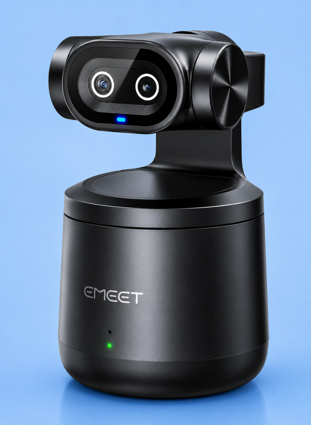 eMeet auto tracking conference webcam with dual lenses and indicator lights.