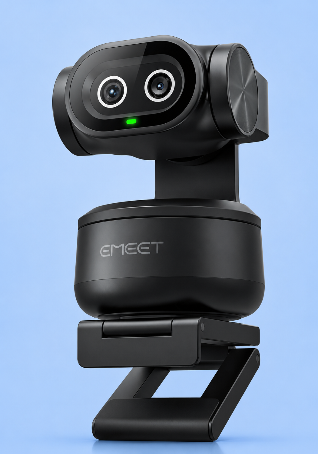eMeet smart auto tracking webcam with dual lenses on a blue background.