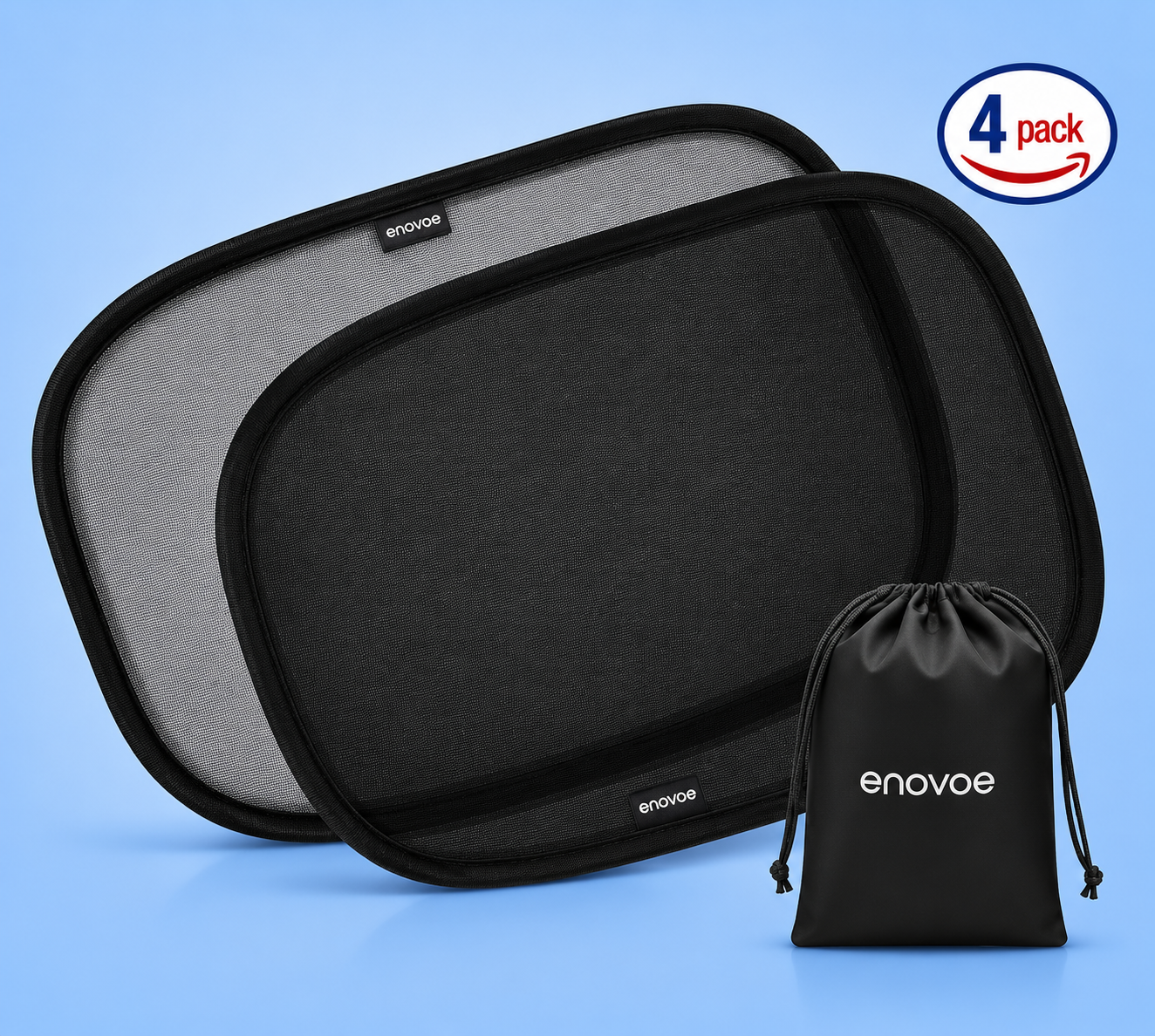 A four-pack of Enovoe car window sun shades with a drawstring storage pouch.