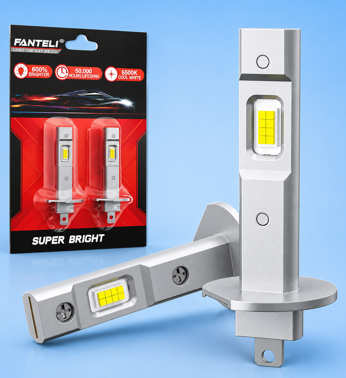 Fanteli H1 LED headlight bulbs and packaging.