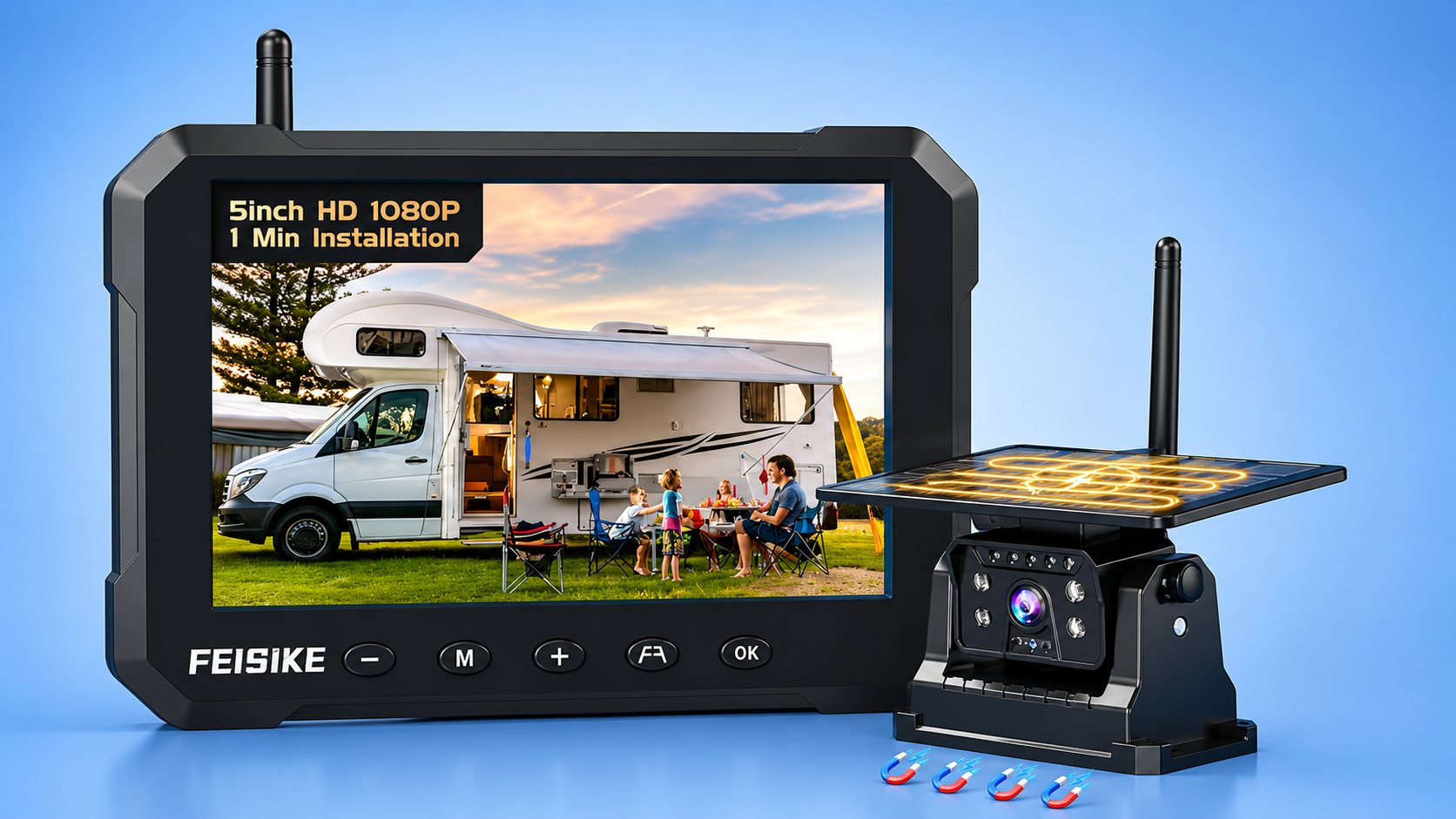 Feisike 5-inch HD monitor screen displaying a motorhome campsite next to its solar-powered camera unit.