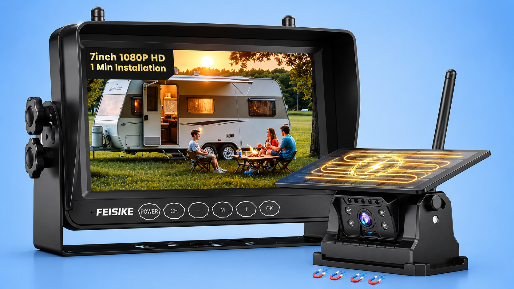 Feisike 7-inch HD monitor screen displaying a camping trailer next to its solar-powered camera unit.