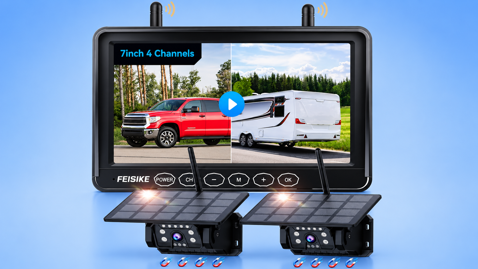 Feisike wireless split-screen monitor and two solar-powered backup cameras.