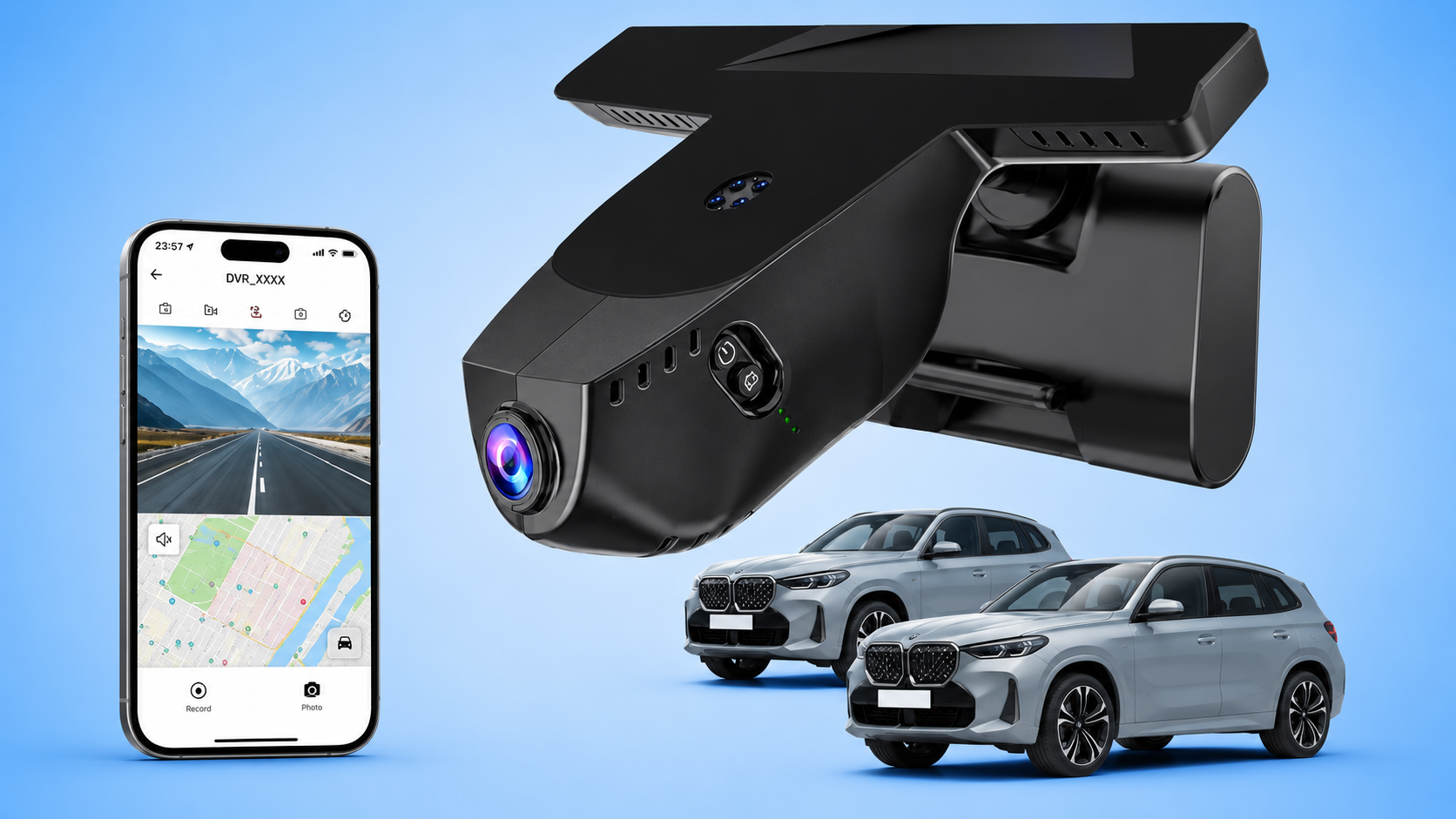 An integrated dash cam with a smartphone map interface and two silver SUVs on a blue background.