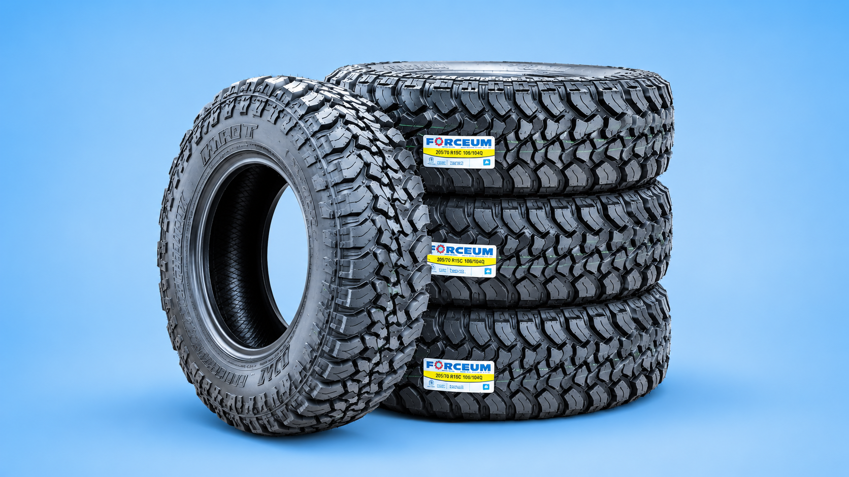 A stack of three Forceum M/T-01 mud-terrain tires next to a single upright tire highlighting its rugged tread design against a blue background.