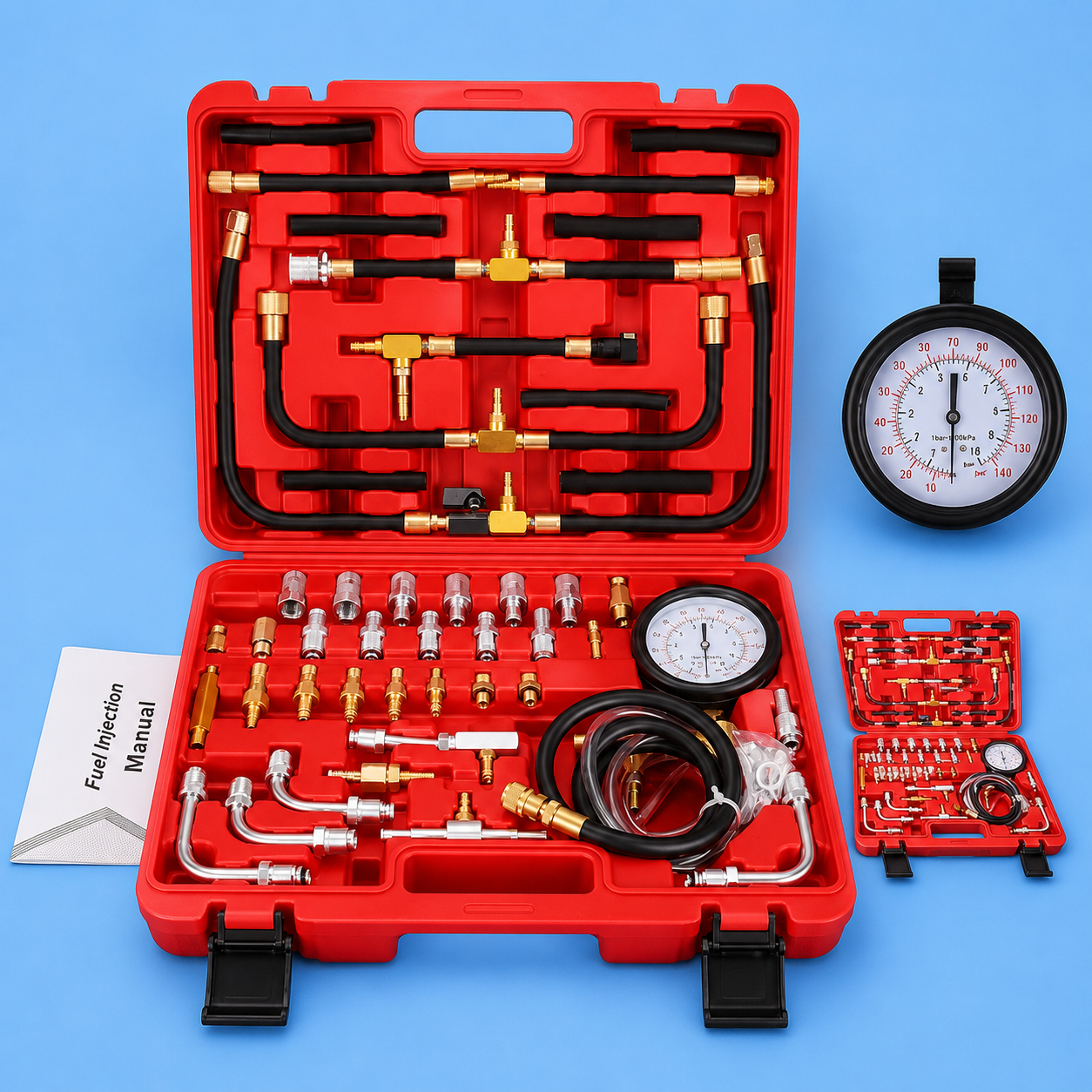 Fuel injection pressure tester kit in a red case on a blue background.