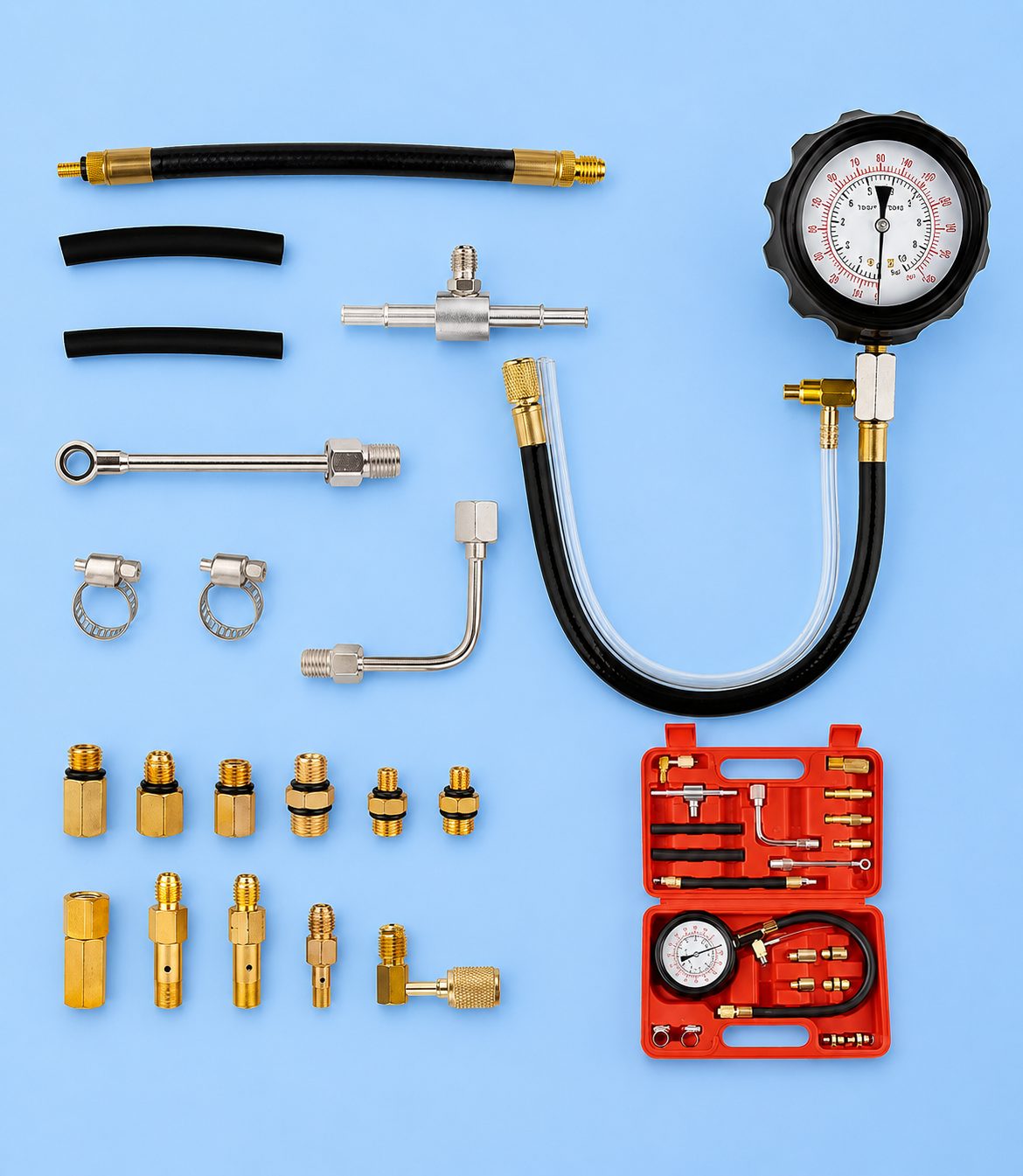 Fuel pressure gauge tester kit components laid out on a blue background.