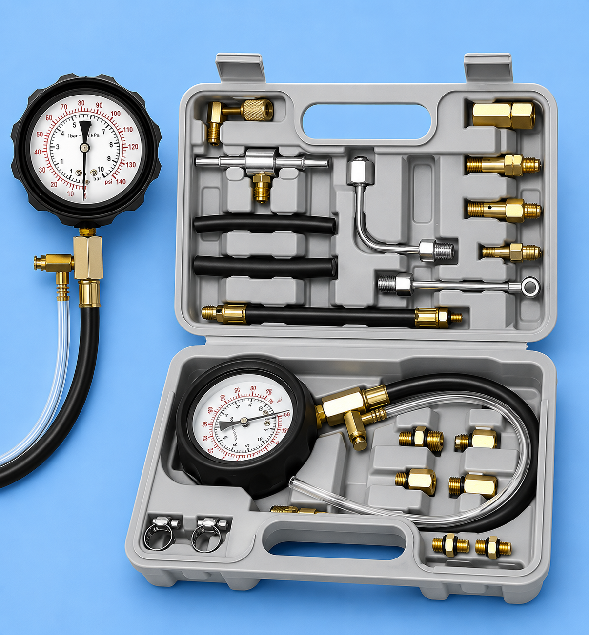 Fuel pressure gauge diagnostic kit in a gray carrying case against a blue background.