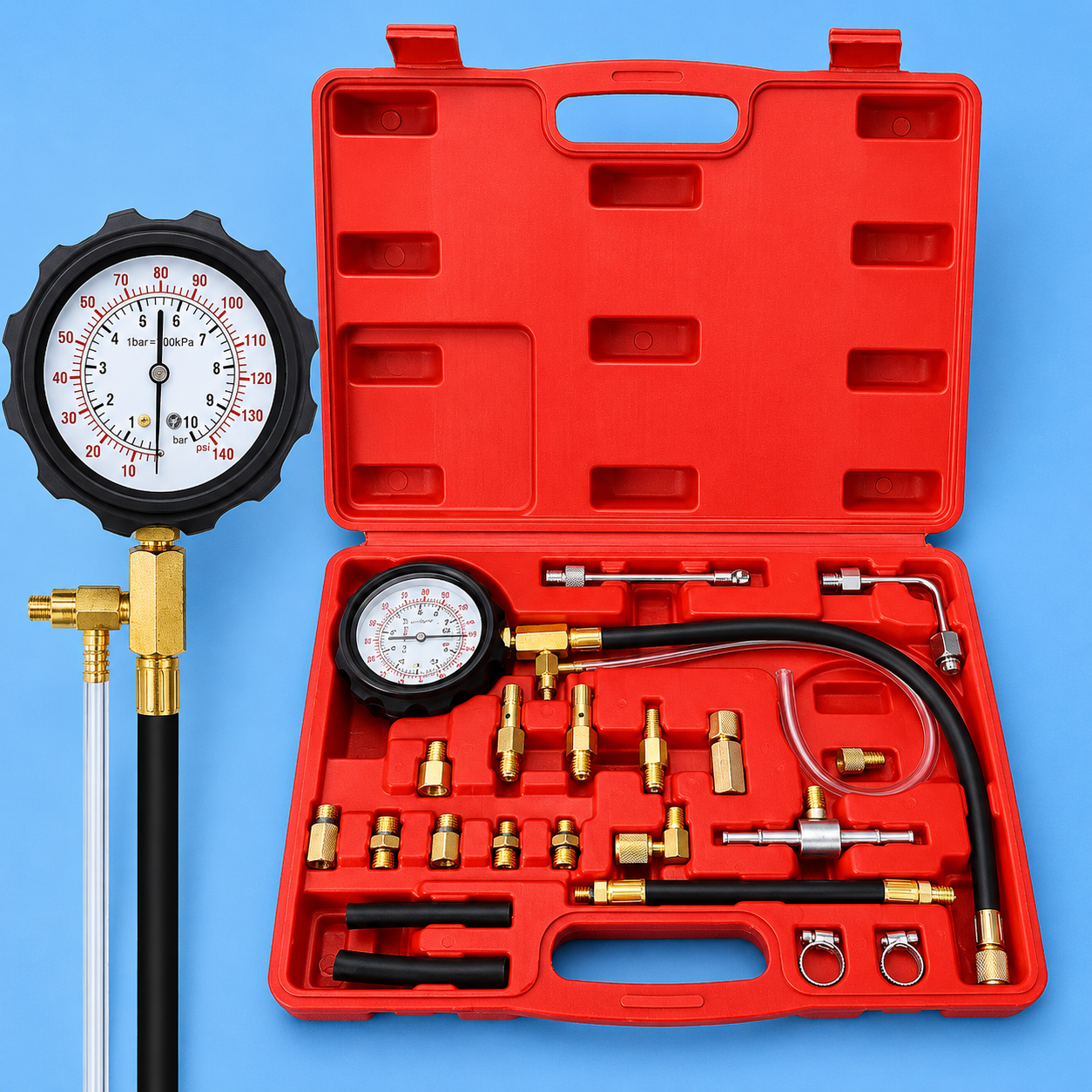 Fuel pressure tester kit parts in a red case on a blue background.