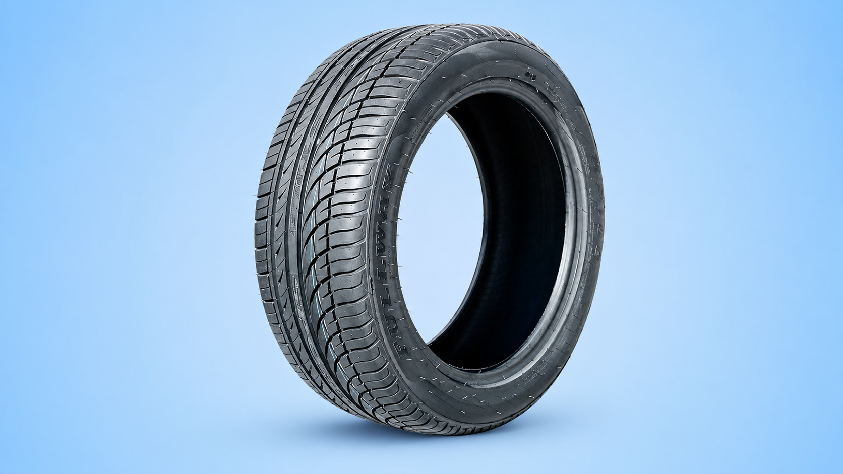 A Fullway car tire showing its tread pattern against a blue background.