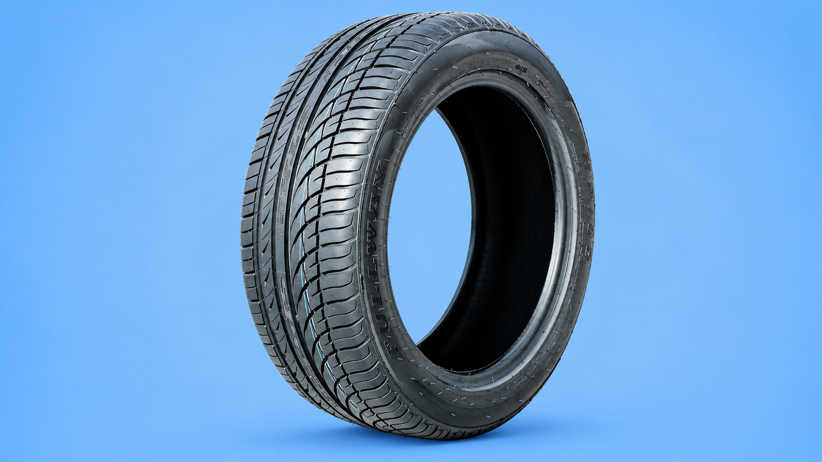 A Fullway performance tire without a rim shown from an angle against a blue background.