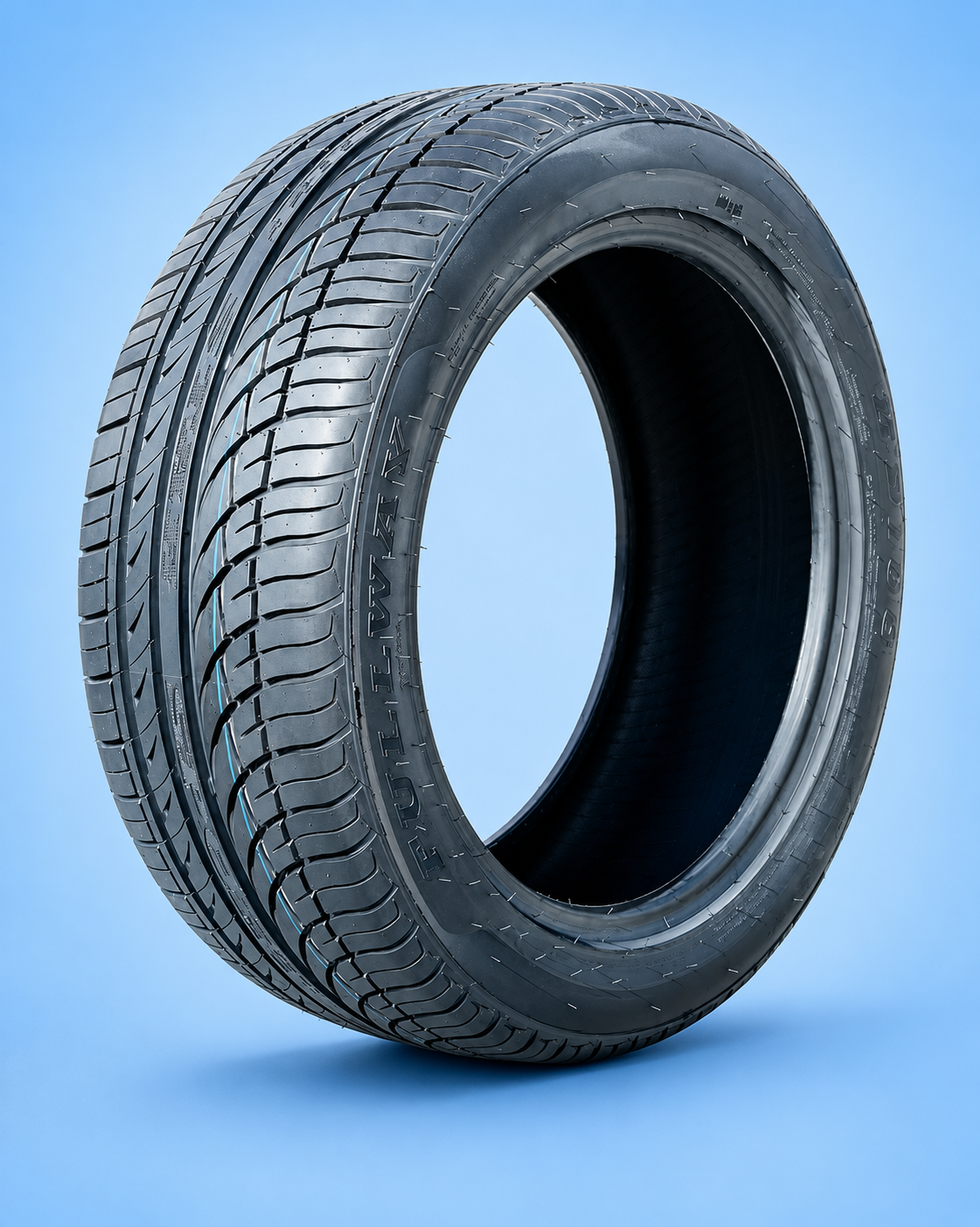 Fullway high-performance car tire showing directional tread pattern on a blue background.