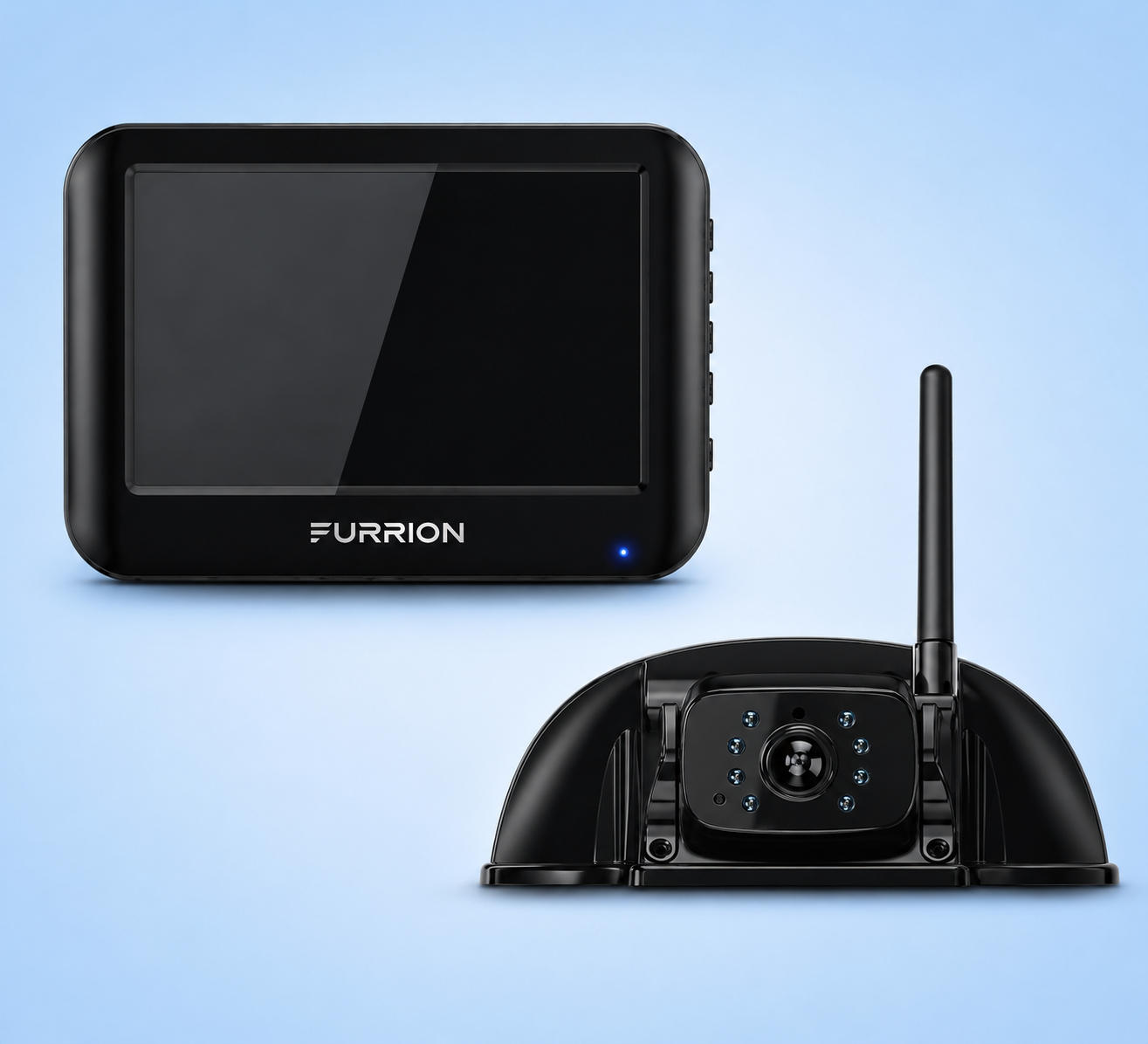 Furrion wireless RV backup camera system with a digital monitor and shark fin camera.