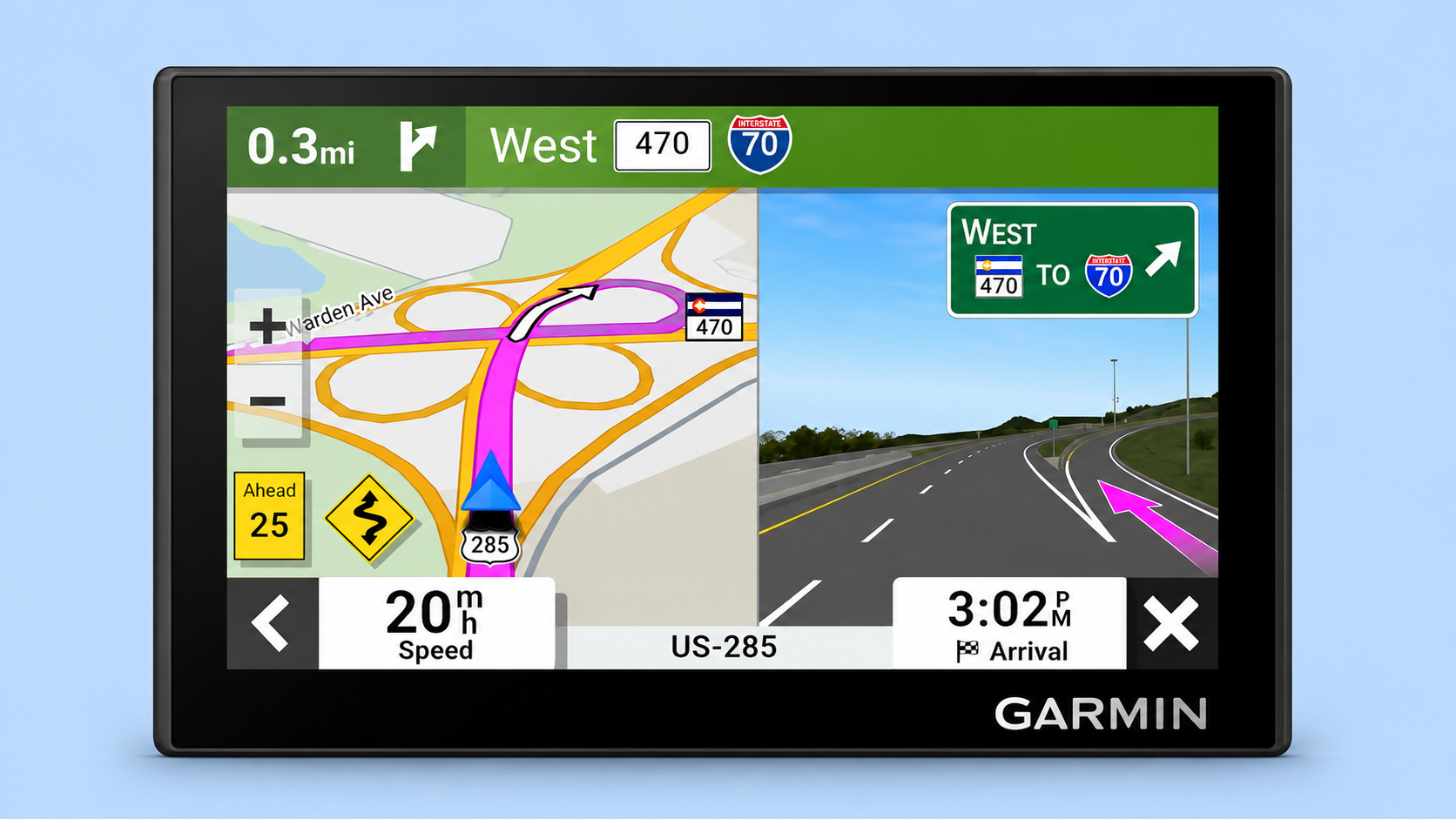 A Garmin GPS screen displaying split-screen cloverleaf interchange navigation.