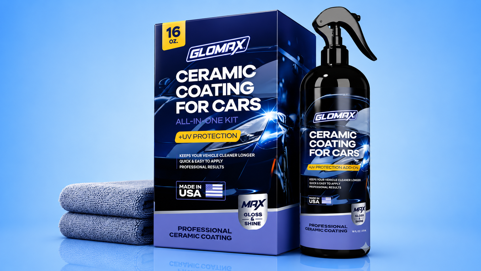 Glomax Ceramic Coating kit box and spray bottle next to folded microfiber towels.