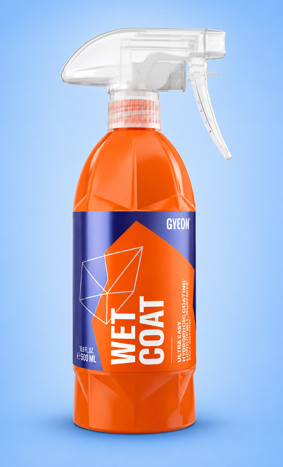 Gyeon Wet Coat hydrophobic coating spray bottle on a blue background.
