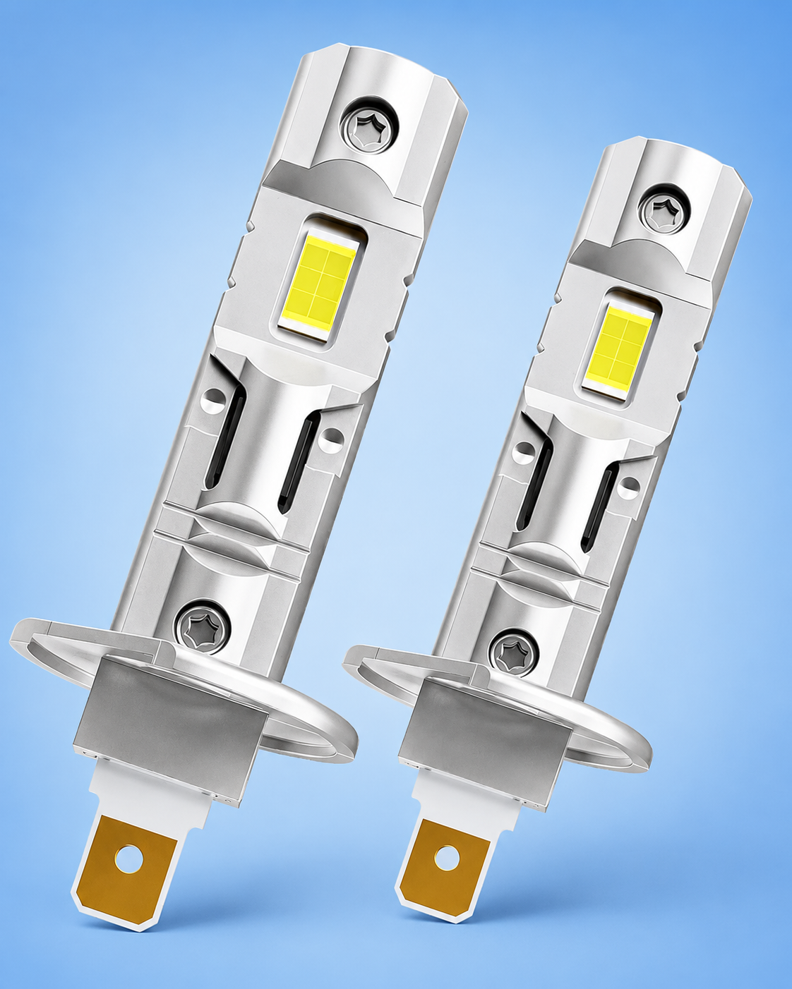 Pair of silver H1 LED headlight bulbs on a blue background.