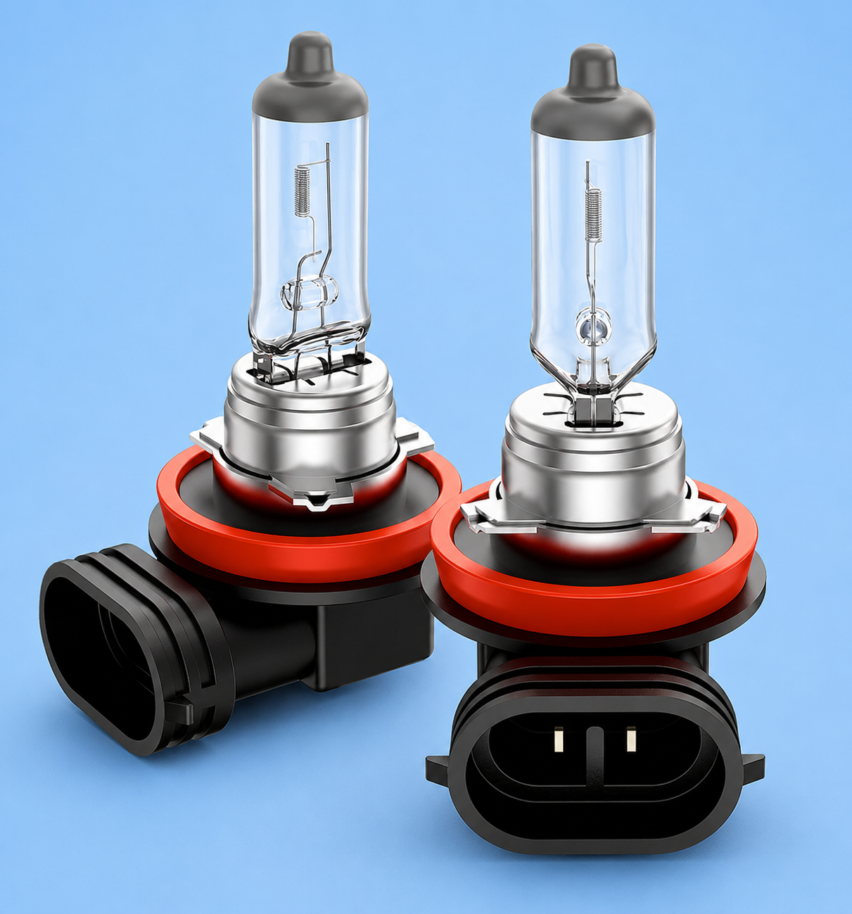 Two halogen headlight bulbs on a solid blue background.