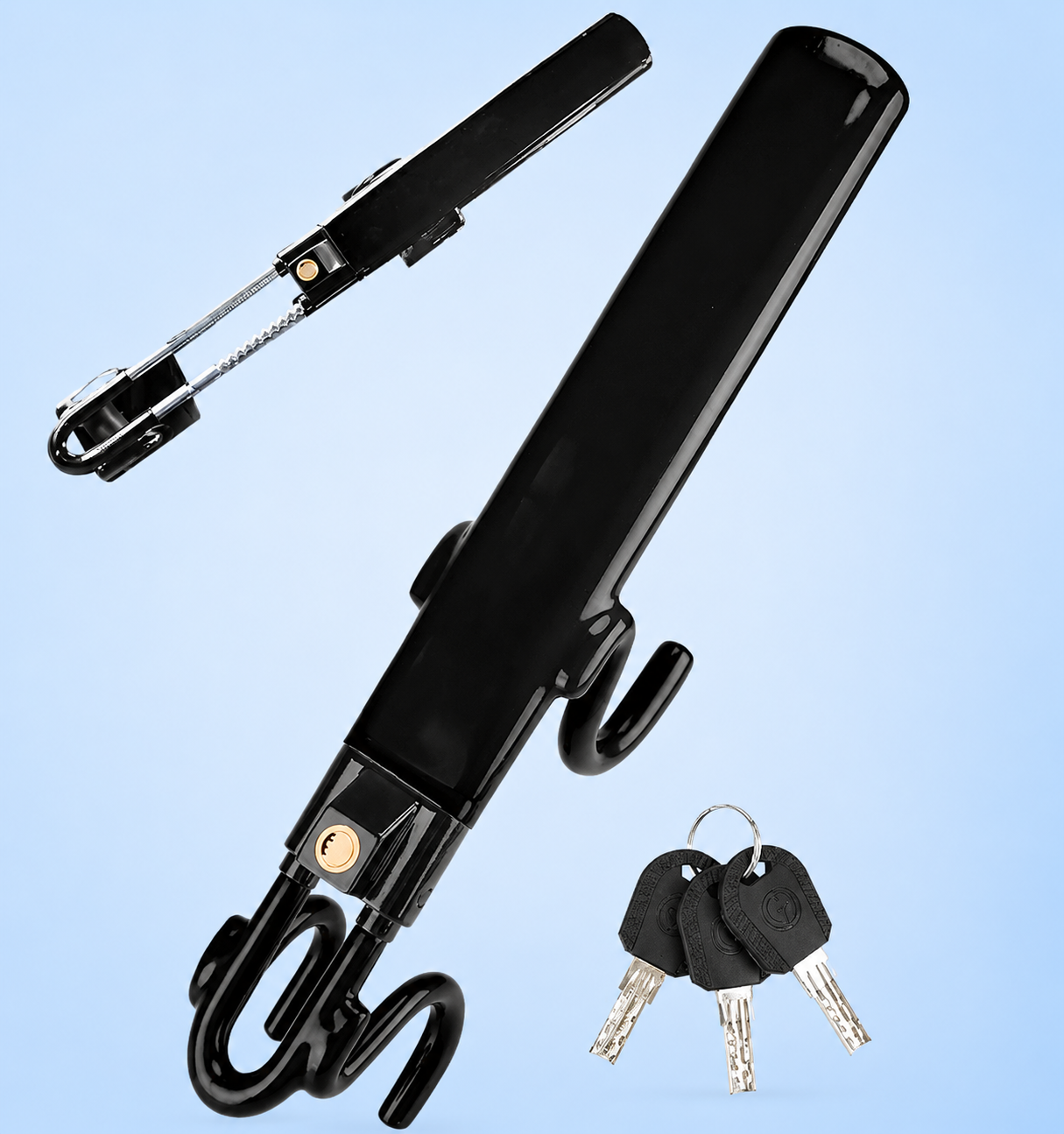 Black heavy-duty steering wheel lock with keys on a blue background.