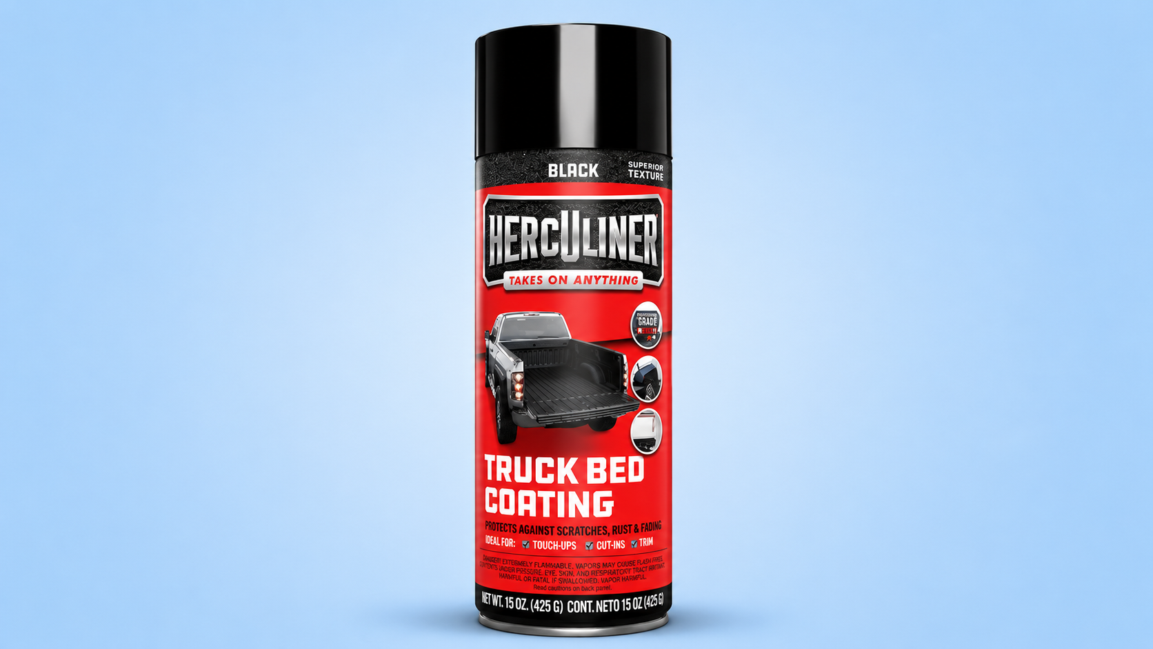 A can of Herculiner black truck bed coating spray against a blue background.