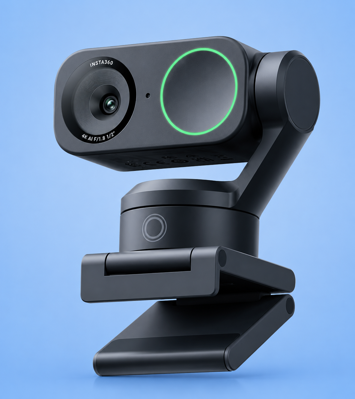 Insta360 Link 4K AI webcam with a glowing green status indicator ring on a blue background.