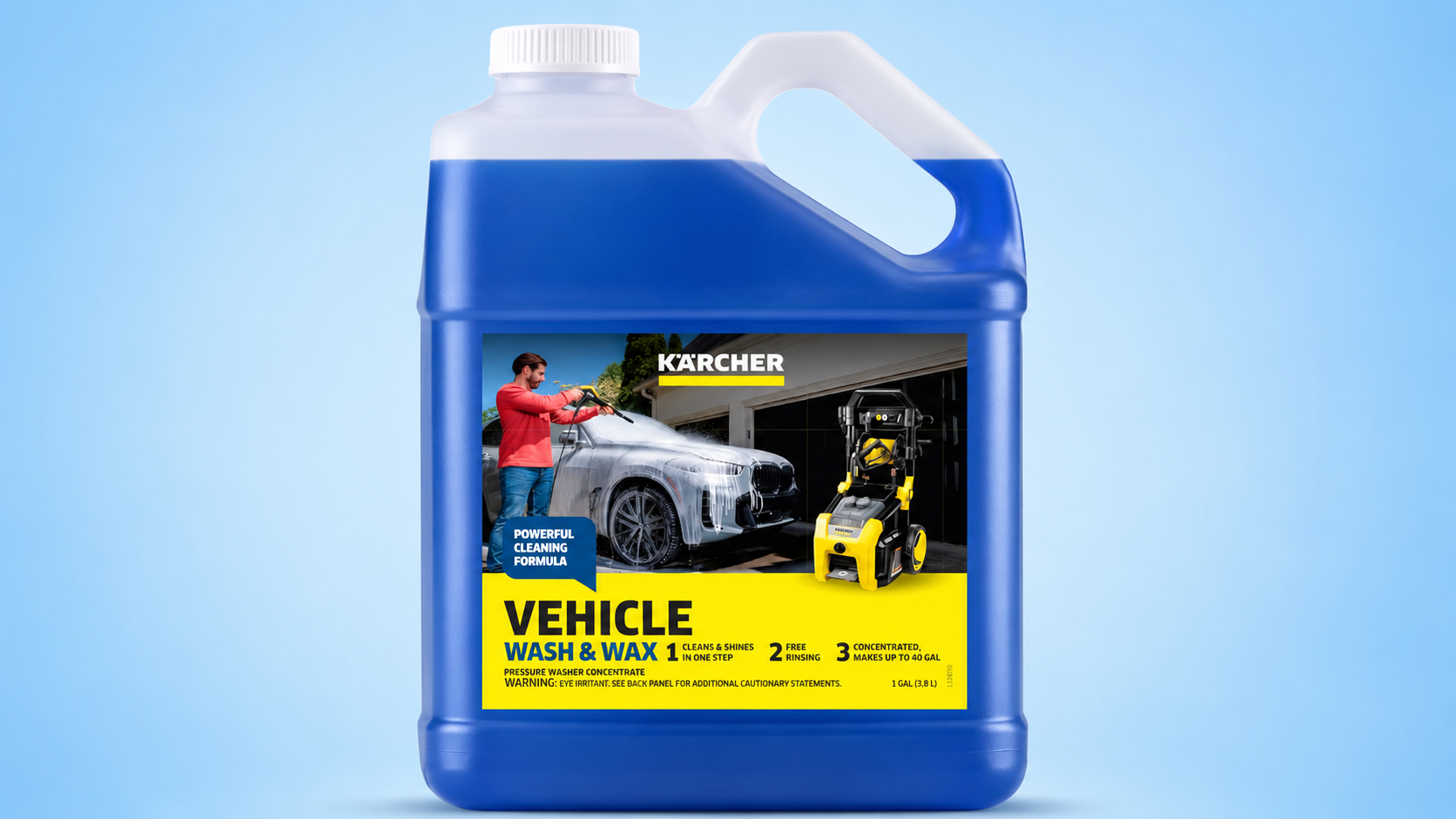A one gallon jug of Karcher vehicle wash and wax soap on a blue background.