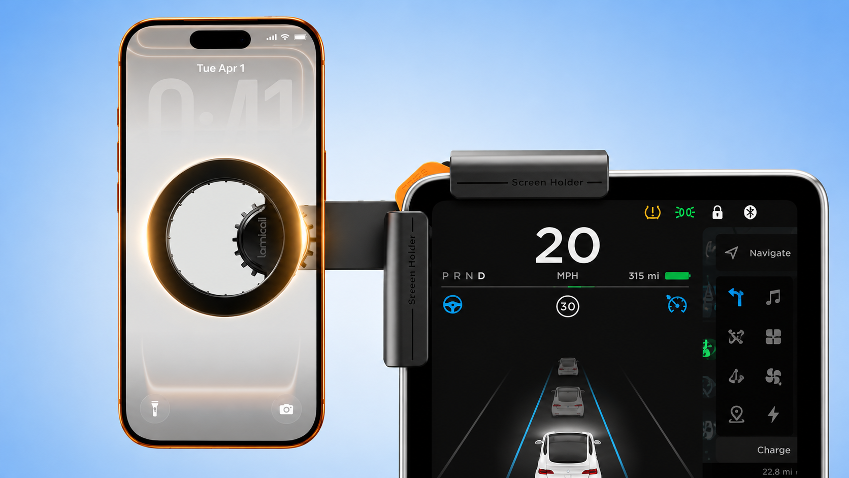 Lamicall magnetic phone mount attached to a Tesla touch screen on a blue background.
