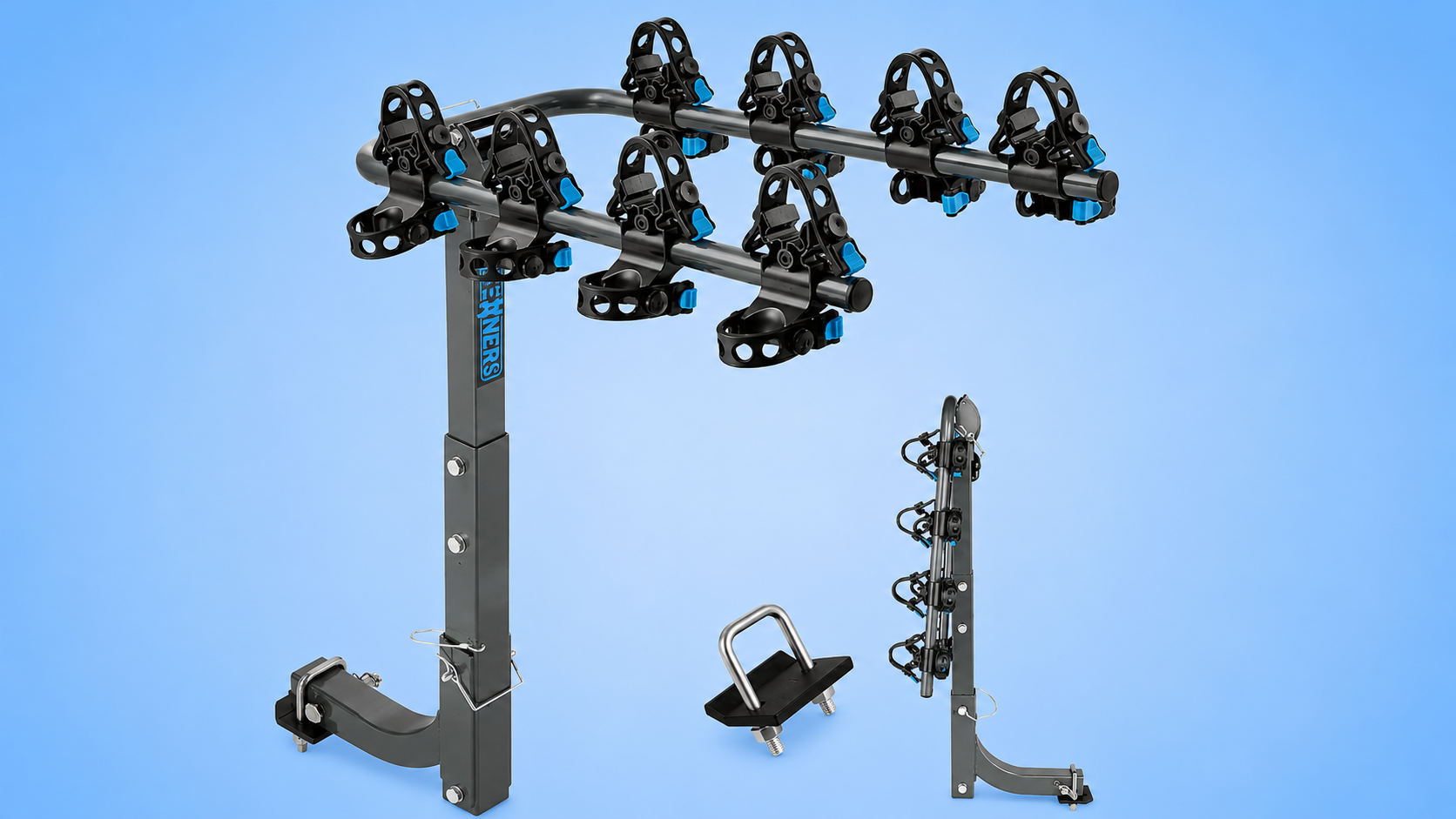 A gray Leaders hitch-mounted bike rack with black and blue cradles, shown alongside hitch hardware and a folded view against a blue background.