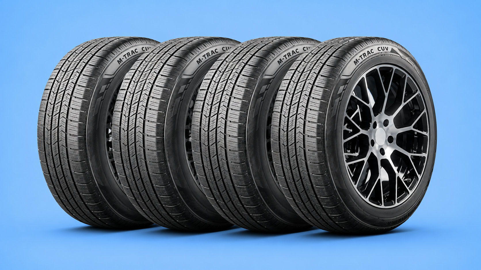 A row of four M-Trac CUV tires with one mounted on a black alloy rim against a blue background.