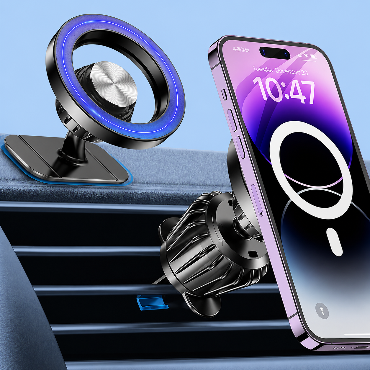 A magnetic car phone mount with a blue LED light ring holding a phone next to an air vent.