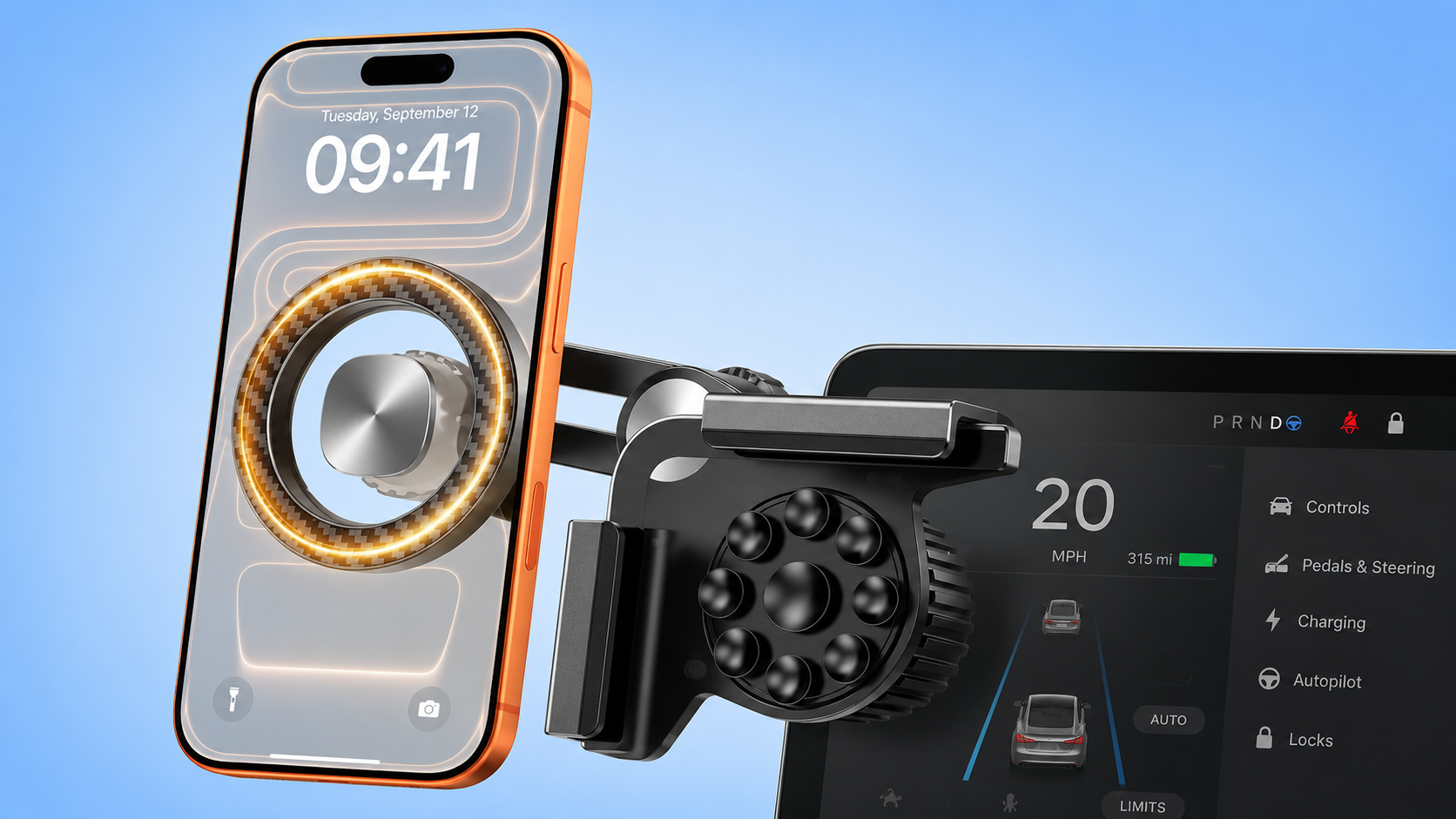 A magnetic car phone mount with a carbon fiber pattern ring attached to a Tesla screen.