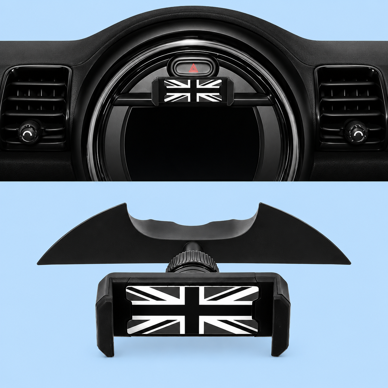 A monochrome Union Jack phone mount installed on a Mini Cooper dashboard panel.