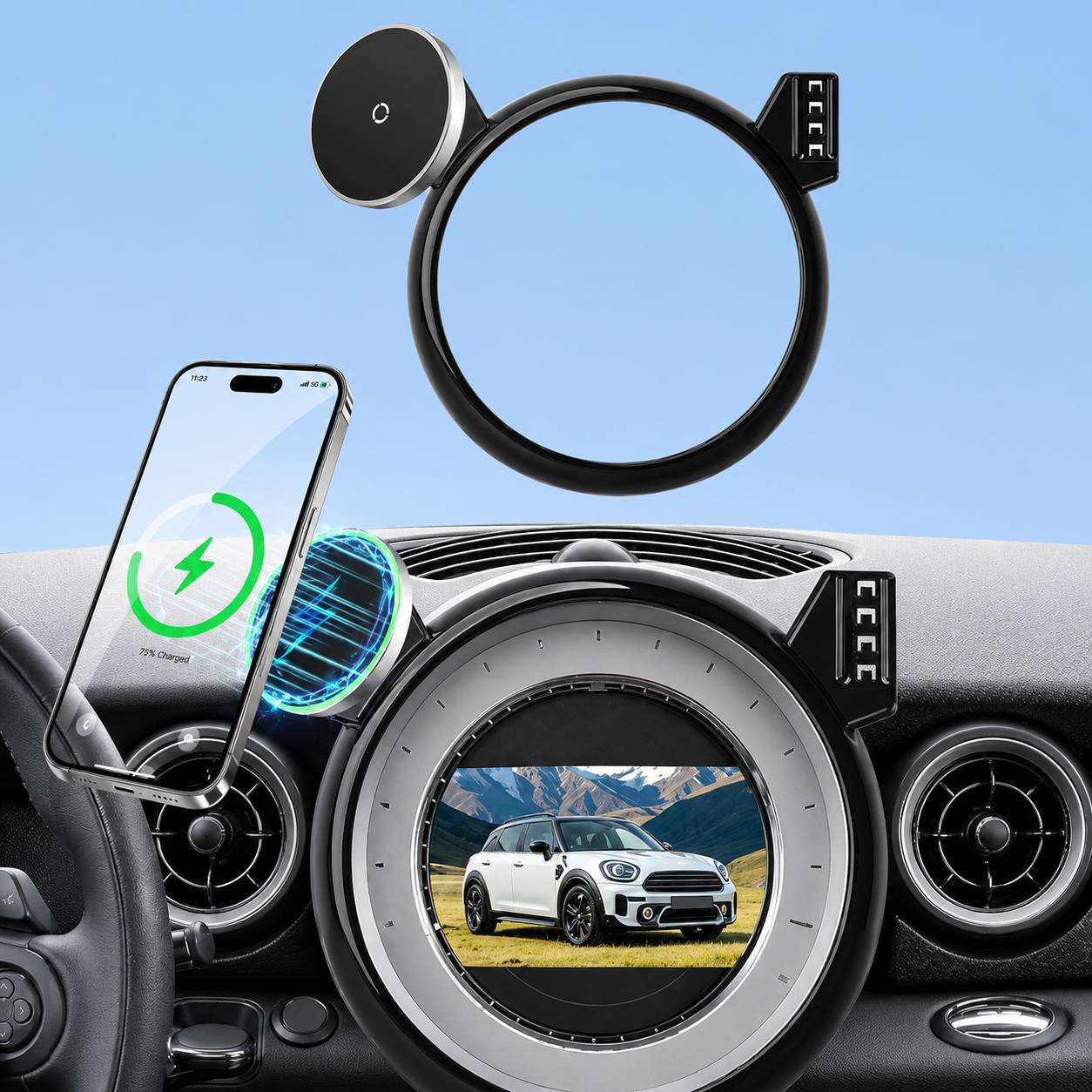 A magnetic wireless charging phone mount installed on a Mini Cooper dashboard screen.