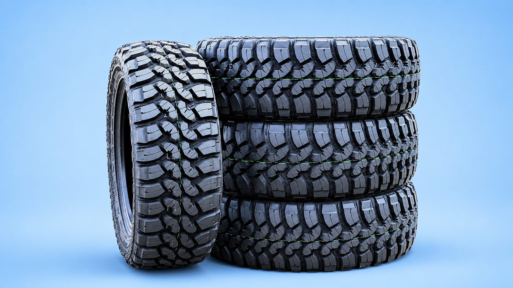 A stack of three mud-terrain tires next to a single upright tire showcasing an aggressive off-road tread pattern against a blue background.