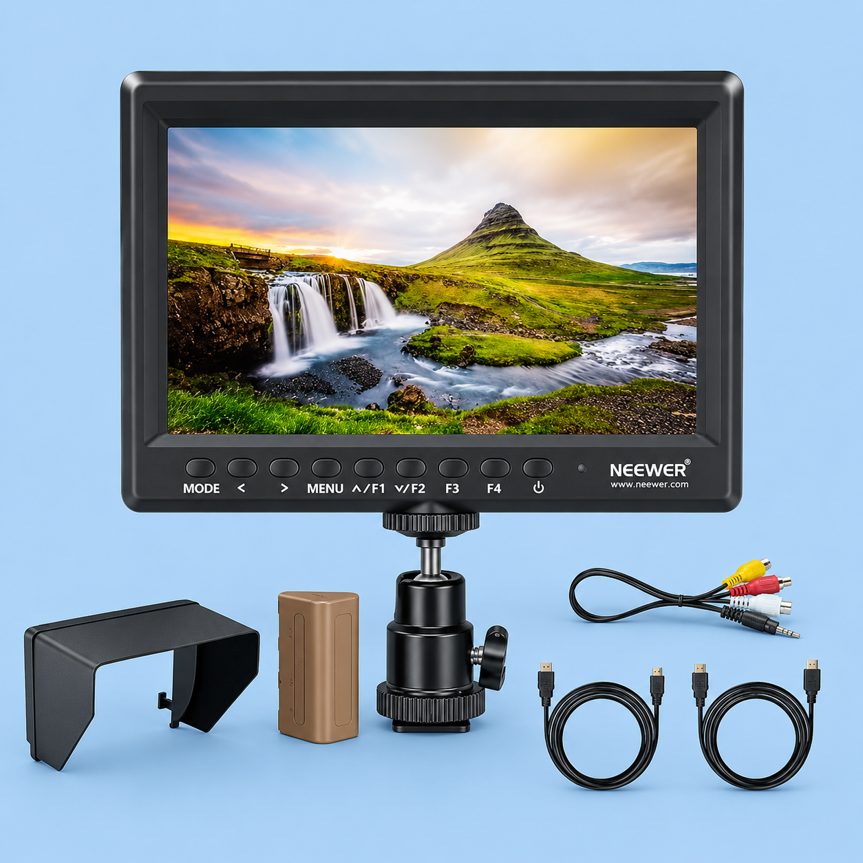 Neewer camera field monitor displaying a landscape with a waterfall, shown with a mount and accessories.