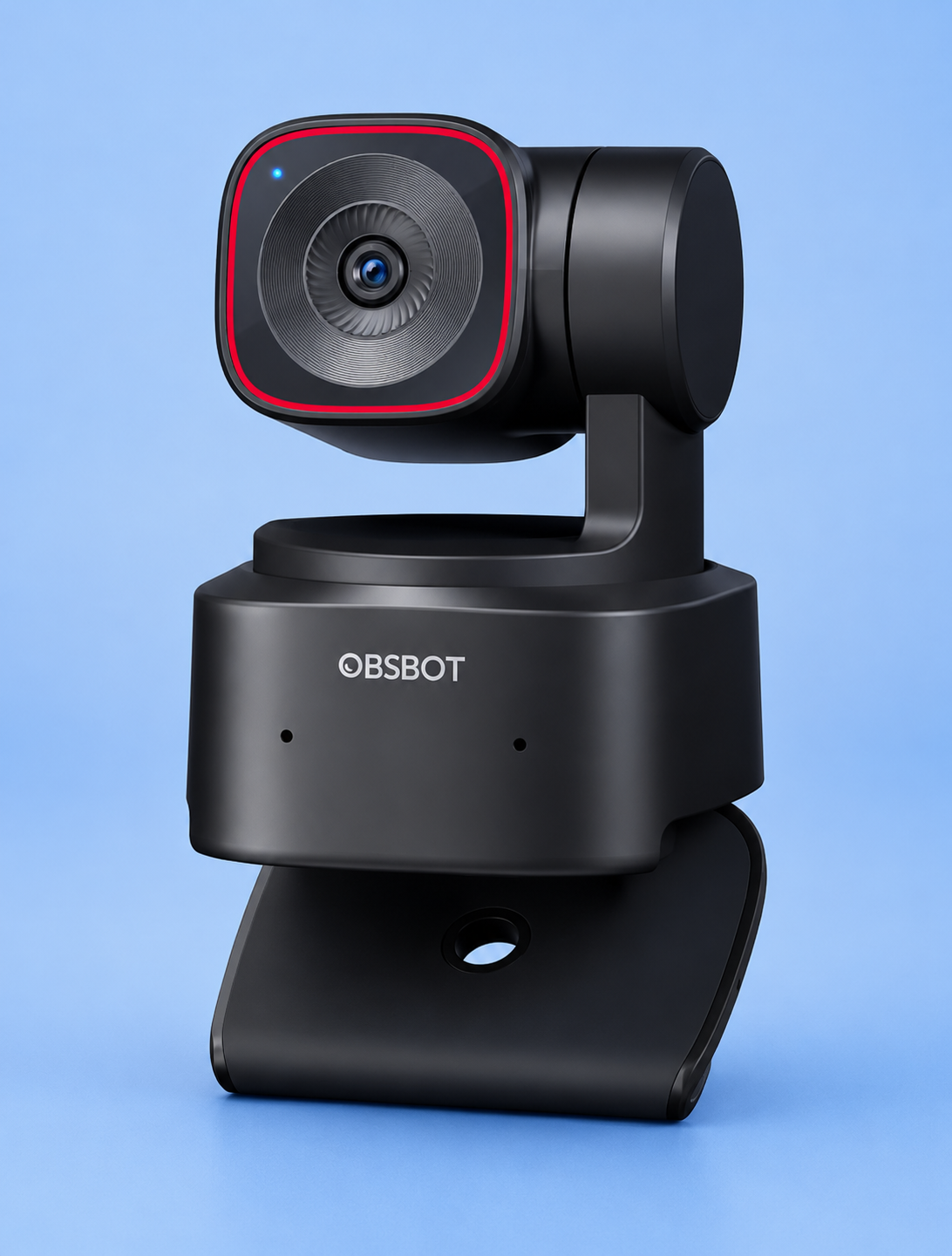 Obsbot Tiny auto tracking webcam with a red status ring on a blue background.