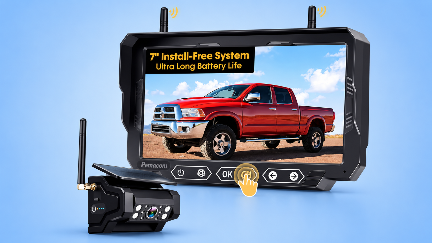 Pemacom wireless backup camera and 7-inch monitor screen showing a red pickup truck.