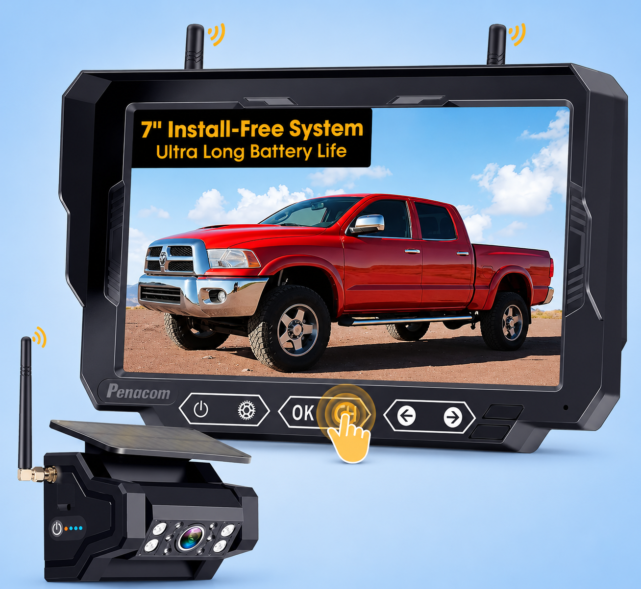 Penacom wireless backup camera system with a monitor displaying a red truck and a solar camera.