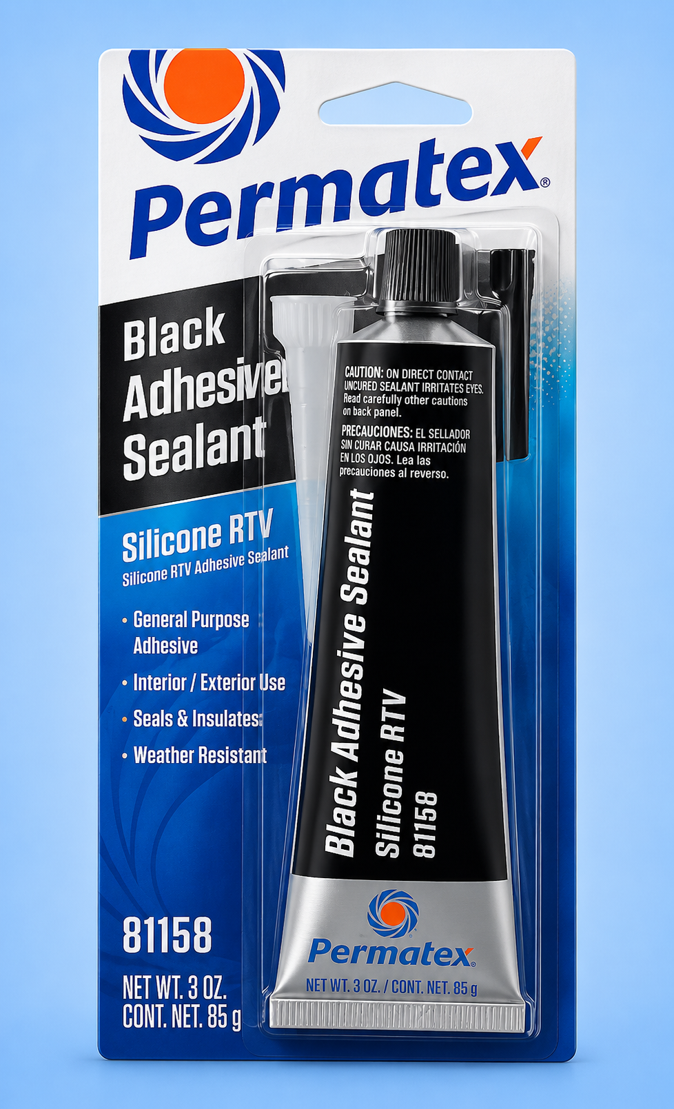 Permatex black silicone RTV adhesive sealant carded packaging.