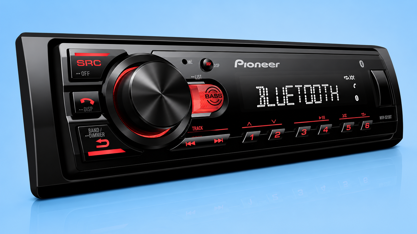 A Pioneer MVH-S215BT single-DIN car stereo receiver displaying 